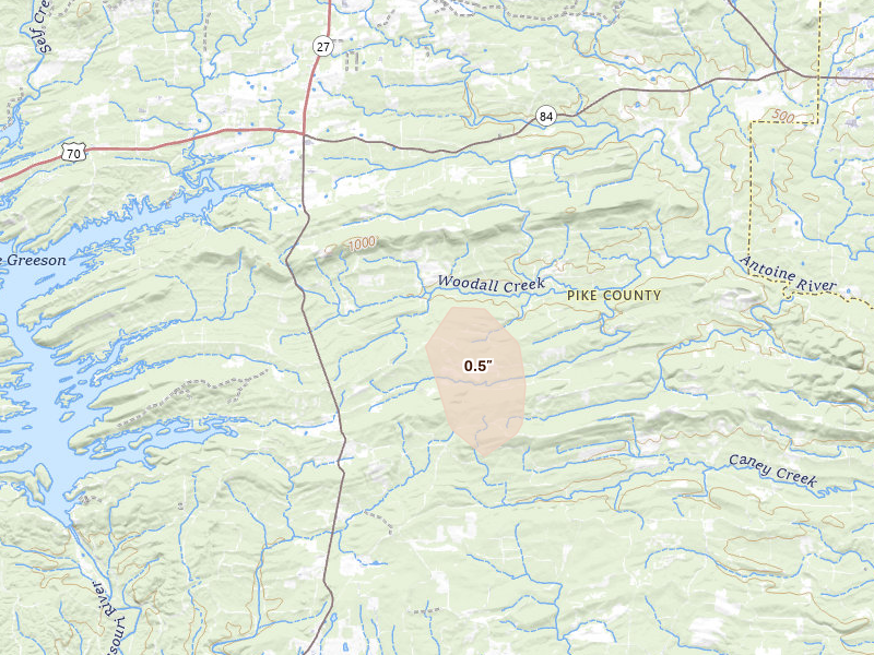 Radar-estimated hail-size map of the storm over Murfreesboro, AR on Aug 8, 2026