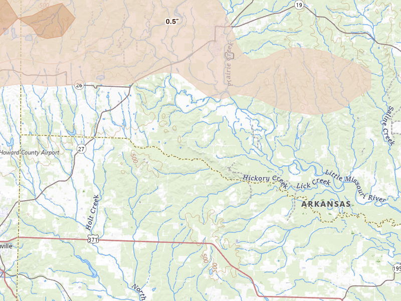 Radar-estimated hail-size map of the storm over Nashville, AR on Mar 15, 2026