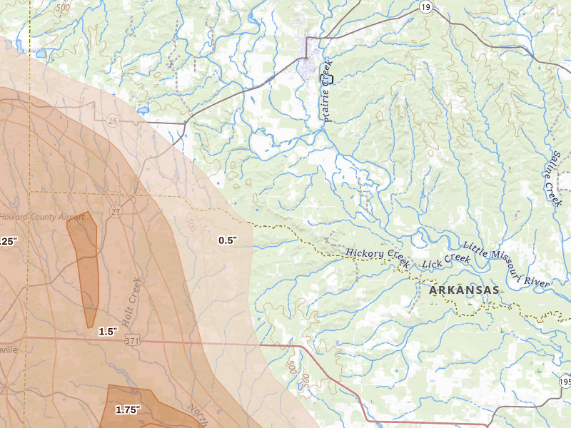 Radar-estimated hail-size map of the storm over Nashville, AR on Apr 25, 2026