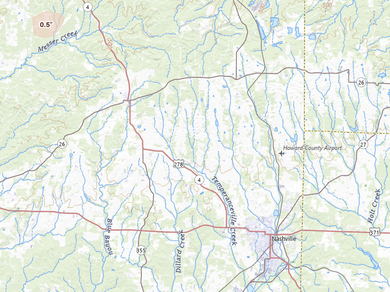 Radar-estimated hail-size map of the storm over Nashville, AR on Jul 12, 2026
