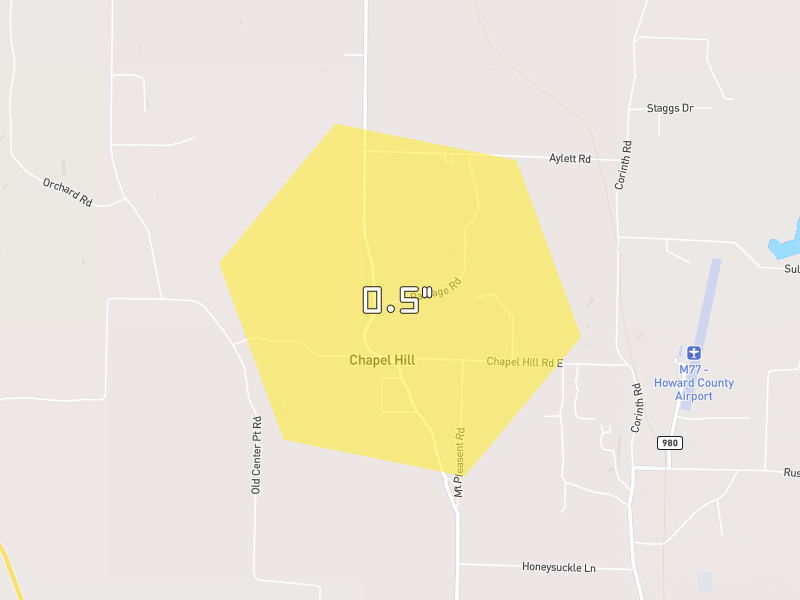 Hail map of Nashville, AR on Jul 12, 2026, hail up to 0.5"