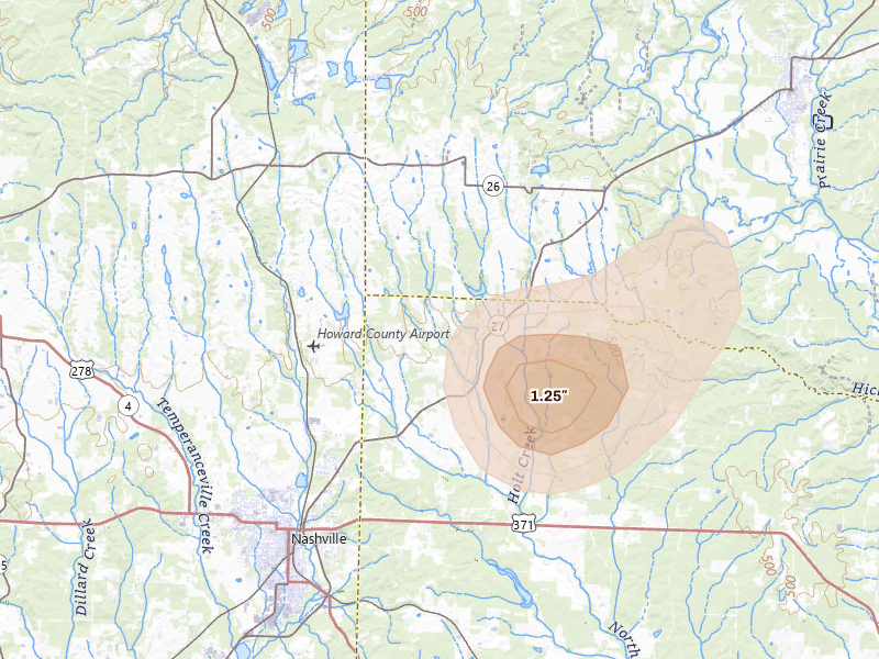 Radar-estimated hail-size map of the storm over Nashville, AR on Aug 7, 2026