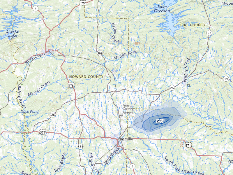 NEXRAD radar-signature map of the hail storm over Nashville, AR on Aug 7, 2026