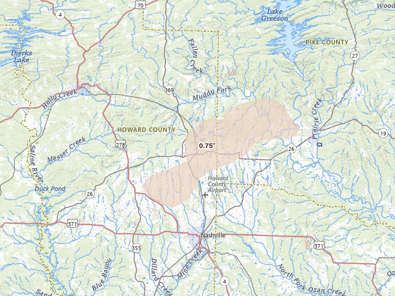 Radar-estimated hail-size map of the storm over Nashville, AR on Aug 26, 2026