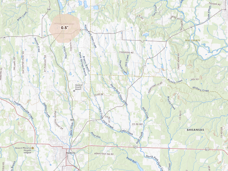 Radar-estimated hail-size map of the storm over Nashville, AR on Sep 12, 2026