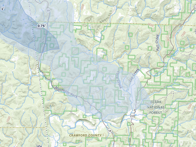 NEXRAD radar-signature map of the hail over Natural Dam, AR