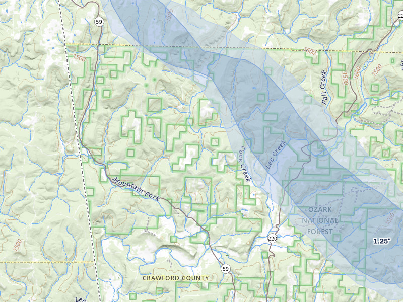 NEXRAD radar-signature map of the hail over Natural Dam, AR