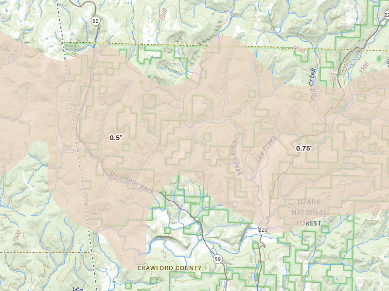 Radar-estimated hail-size map of the storm over Natural Dam, AR on Aug 17, 2026