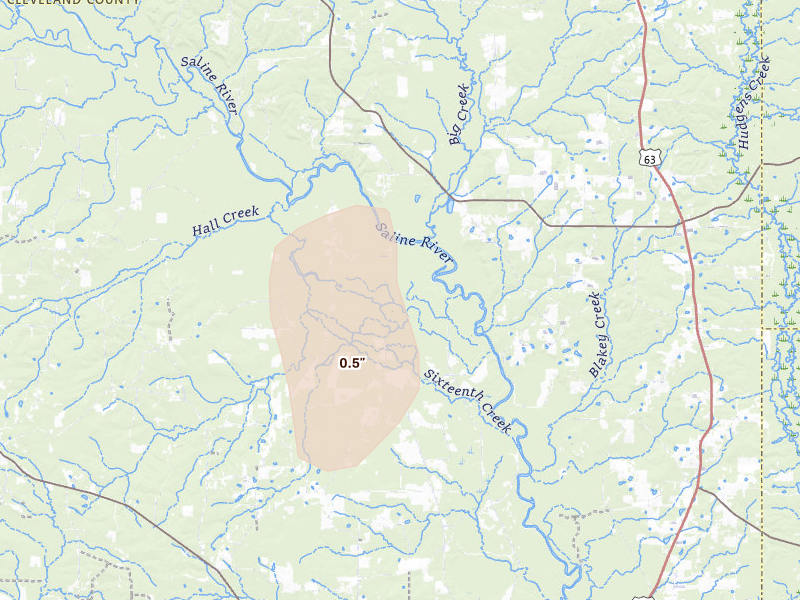 Radar-estimated hail-size map of the storm over New Edinburg, AR on Aug 10, 2026