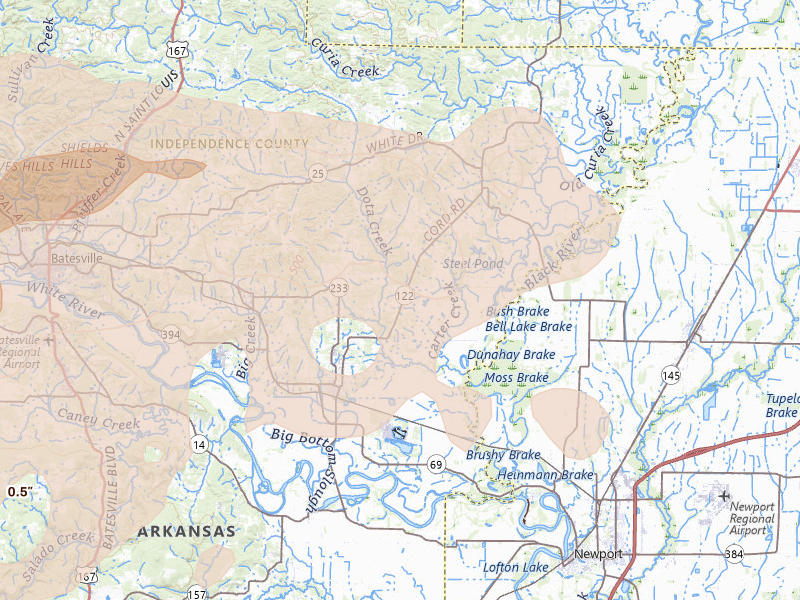 Radar-estimated hail-size map of the storm over Newark, AR on Apr 27, 2026