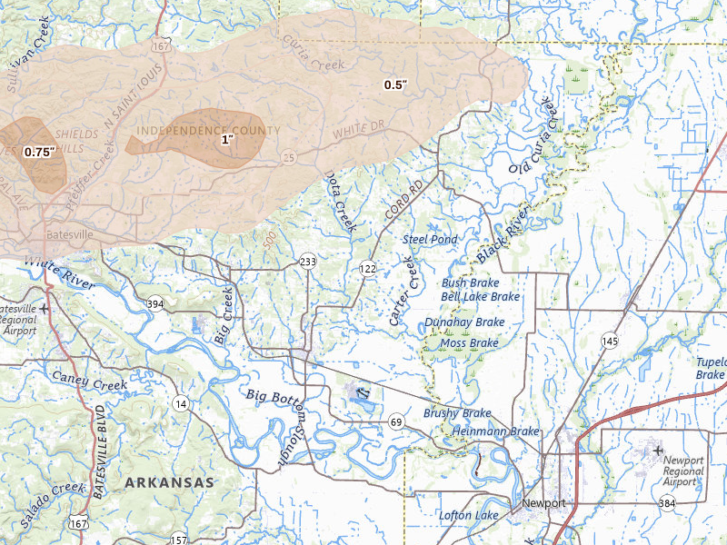 Radar-estimated hail-size map of the storm over Newark, AR on Apr 28, 2026