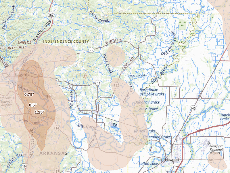Radar-estimated hail-size map of the storm over Newark, AR on Jun 1, 2026