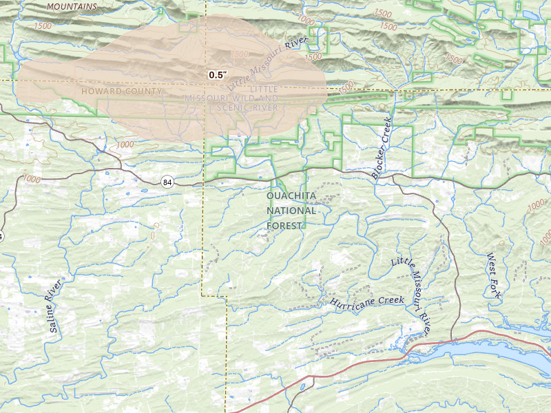 Radar-estimated hail-size map of the storm over Newhope, AR on Apr 25, 2026