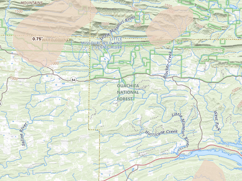 Radar-estimated hail-size map of the storm over Newhope, AR on Jul 6, 2026