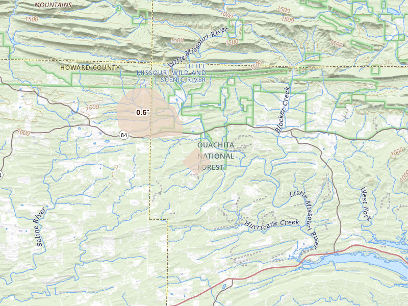 Radar-estimated hail-size map of the storm over Newhope, AR on Jul 12, 2026