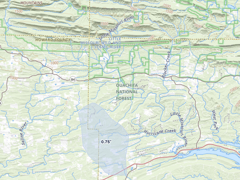 NEXRAD radar-signature map of the hail storm over Newhope, AR on Jul 29, 2026