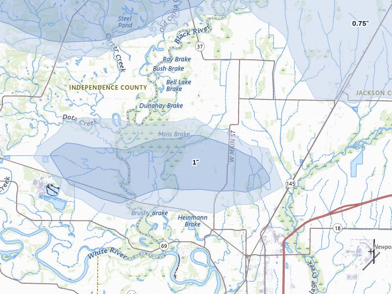 NEXRAD radar-signature map of the hail over Newport, AR
