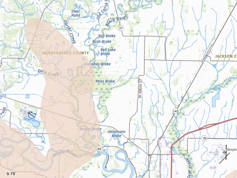 Radar-estimated hail-size map of the storm over Newport, AR on Jun 1, 2026