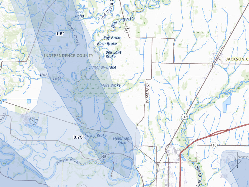 NEXRAD radar-signature map of the hail storm over Newport, AR on Jun 1, 2026