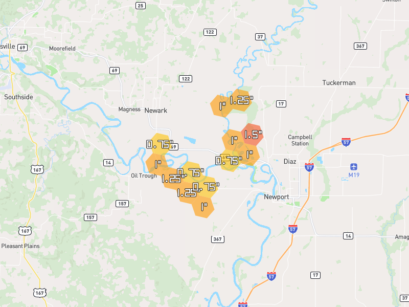 Hail map of Newport, AR on Jun 1, 2026, hail up to 1.5"