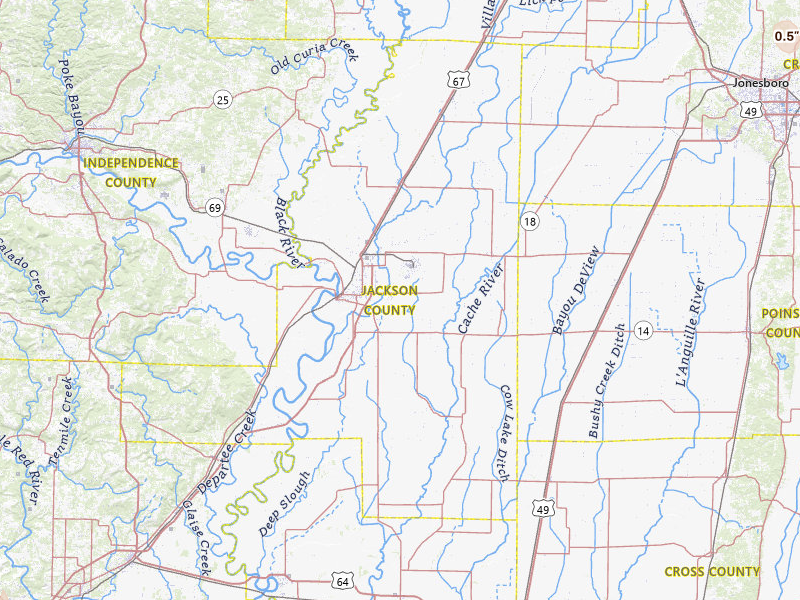 Radar-estimated hail-size map of the storm over Newport, AR on Jul 7, 2026