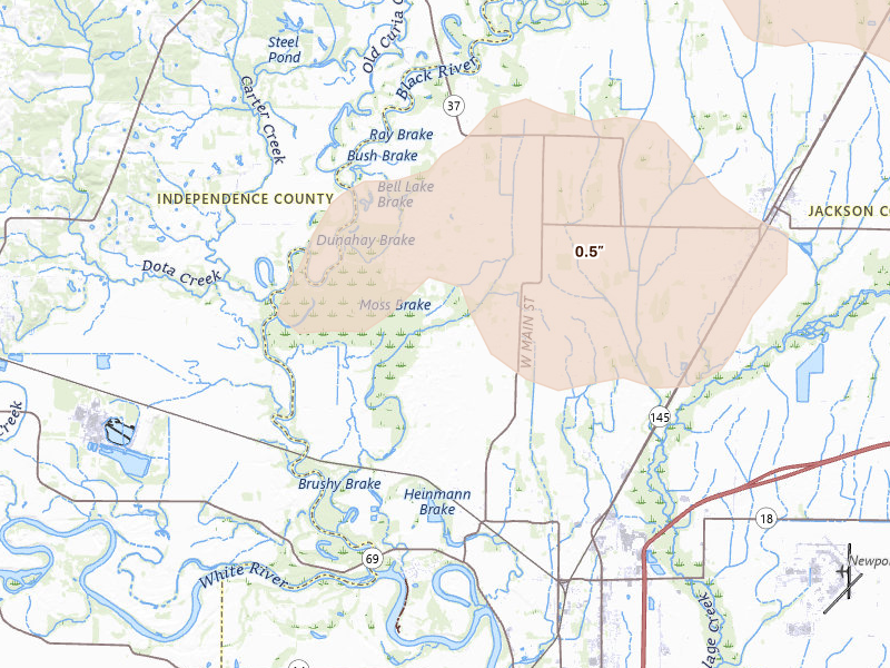 Radar-estimated hail-size map of the storm over Newport, AR on Jul 11, 2026