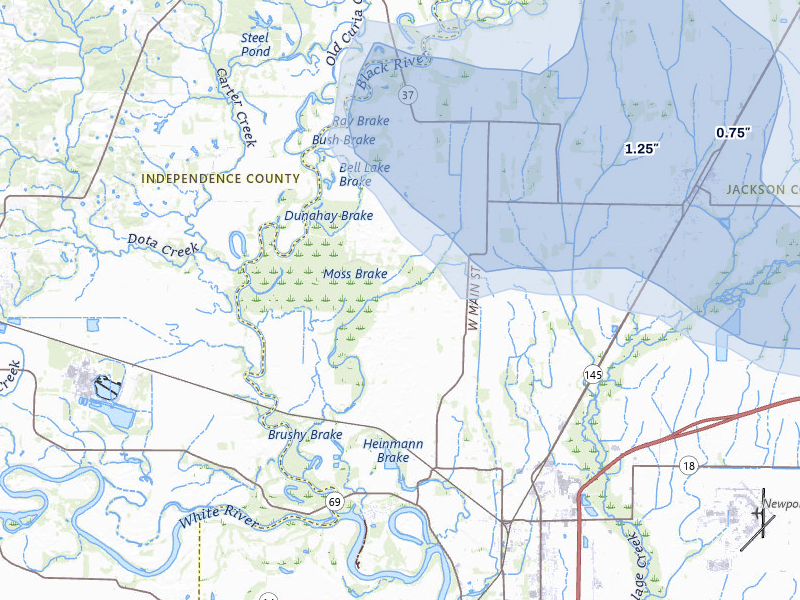 NEXRAD radar-signature map of the hail storm over Newport, AR on Jul 11, 2026