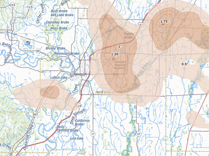 Radar-estimated hail-size map of the storm over Newport, AR on Aug 22, 2026