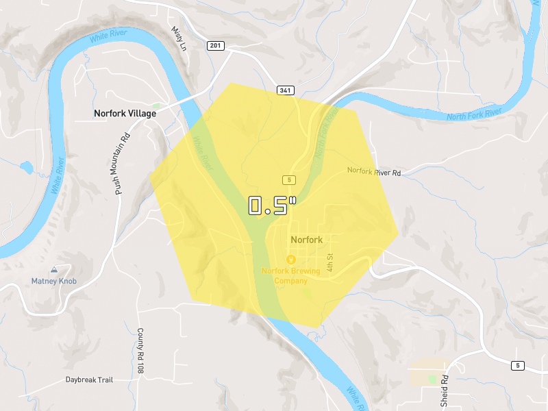 Hail map of Norfork, AR on Jul 4, 2026, hail up to 0.5"