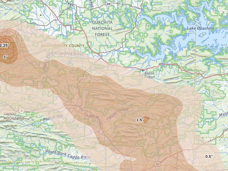Radar-estimated hail-size map of the storm over Norman, AR on Apr 25, 2026