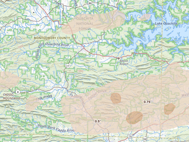 Radar-estimated hail-size map of the storm over Norman, AR on May 5, 2026