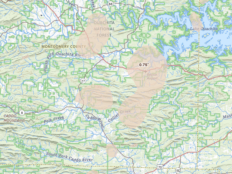 Radar-estimated hail-size map of the storm over Norman, AR on Jun 1, 2026