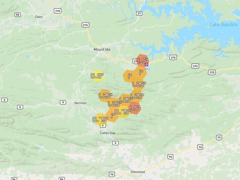 Hail map of Norman, AR on Jun 2, 2026, hail up to 1.5"
