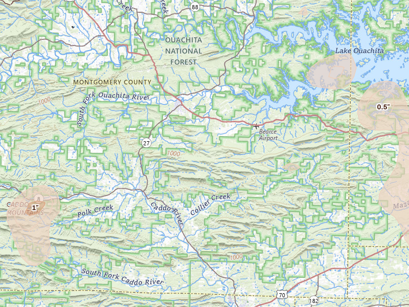 Radar-estimated hail-size map of the storm over Norman, AR on Jul 4, 2026