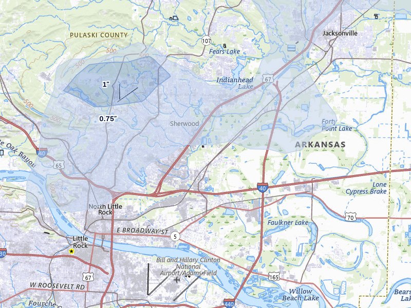 NEXRAD radar-signature map of the hail storm over North Little Rock, AR on Apr 28, 2026