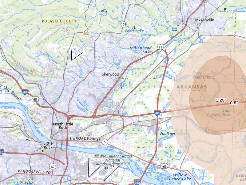 Radar-estimated hail-size map of the storm over North Little Rock, AR on May 31, 2026
