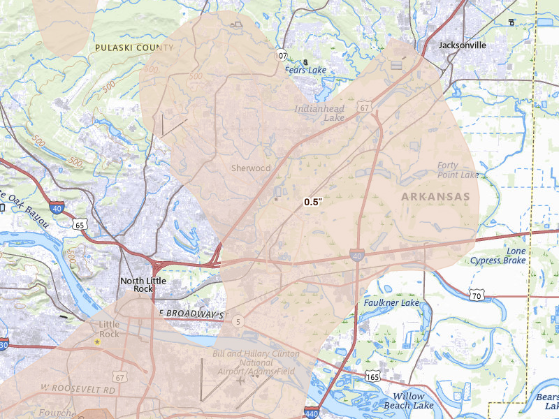 Radar-estimated hail-size map of the storm over North Little Rock, AR on Jun 1, 2026