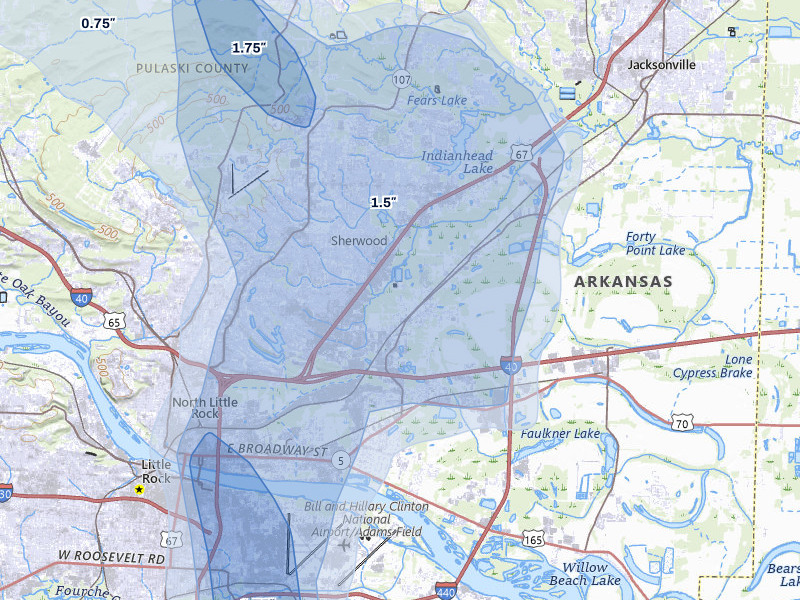 NEXRAD radar-signature map of the hail storm over North Little Rock, AR on Jun 1, 2026