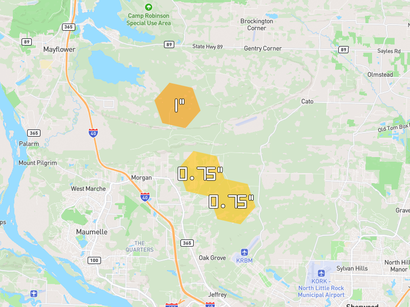 Hail map of North Little Rock, AR on Jun 2, 2026, hail up to 1"