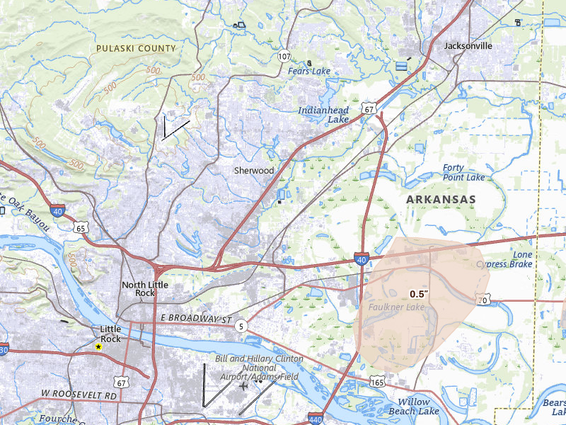 Radar-estimated hail-size map of the storm over North Little Rock, AR on Jul 4, 2026