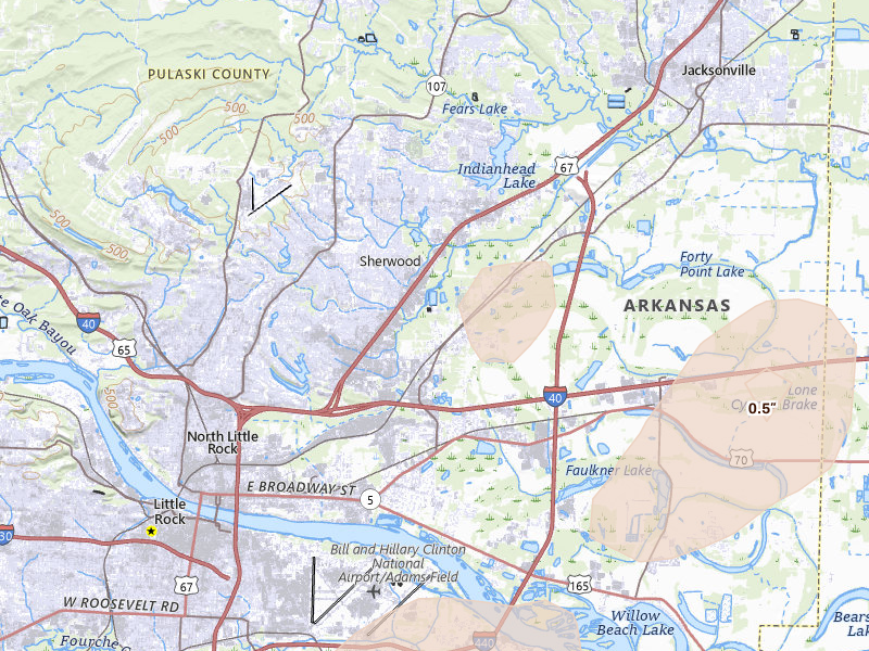 Radar-estimated hail-size map of the storm over North Little Rock, AR on Jul 6, 2026