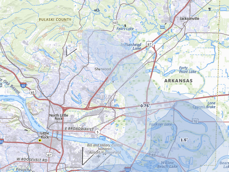 NEXRAD radar-signature map of the hail storm over North Little Rock, AR on Jul 6, 2026