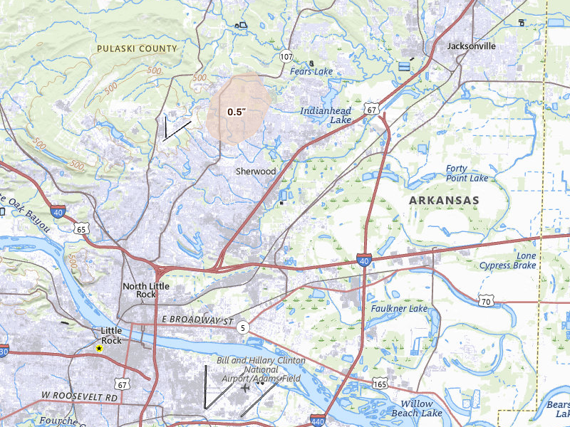 Radar-estimated hail-size map of the storm over North Little Rock, AR on Aug 6, 2026