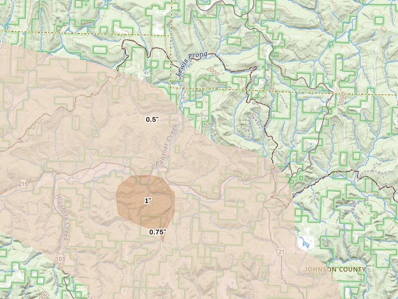Radar-estimated hail-size map of the storm over Oark, AR on Apr 25, 2026