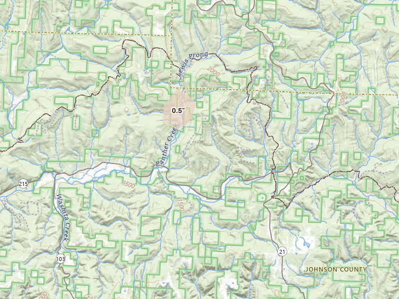 Radar-estimated hail-size map of the storm over Oark, AR on Jun 7, 2026