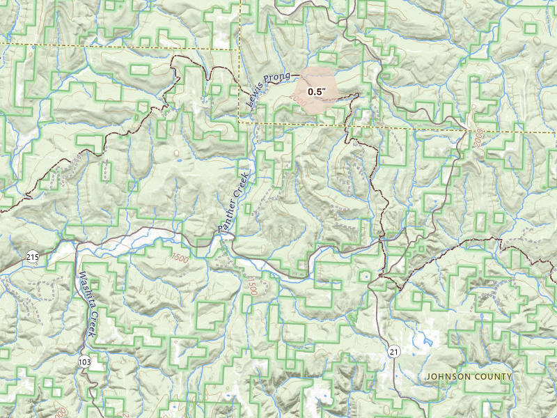 Radar-estimated hail-size map of the storm over Oark, AR on Jul 29, 2026