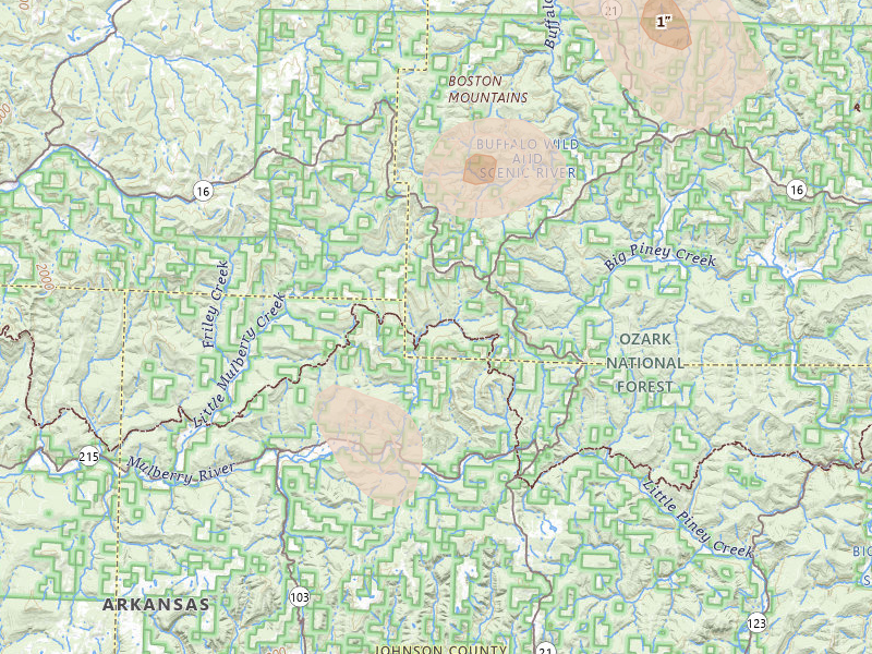 Radar-estimated hail-size map of the storm over Oark, AR on Aug 6, 2026