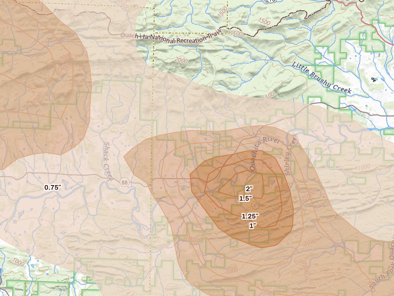 Radar-estimated hail-size map of the storm over Oden, AR on Apr 25, 2026