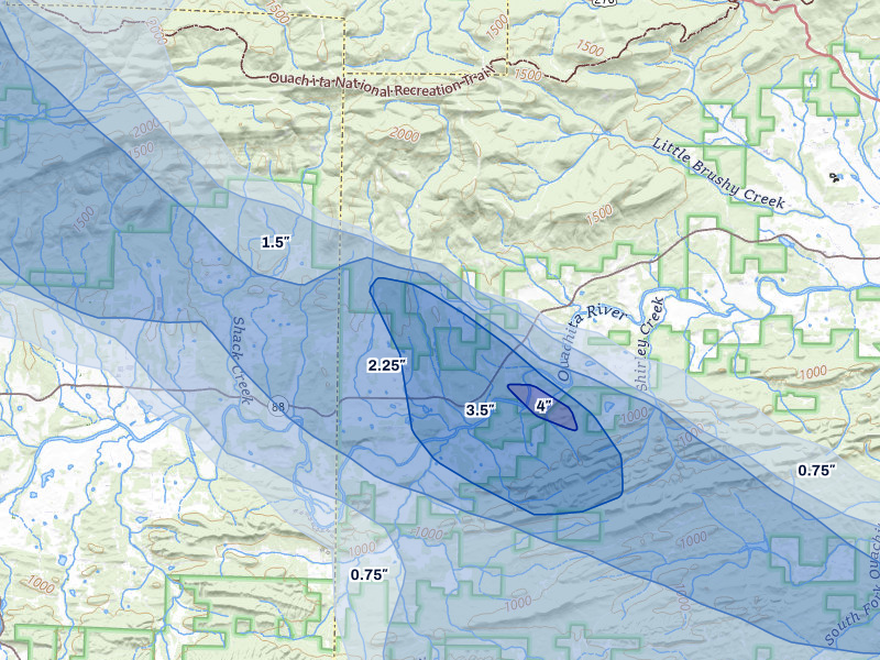 NEXRAD radar-signature map of the hail storm over Oden, AR on Apr 25, 2026