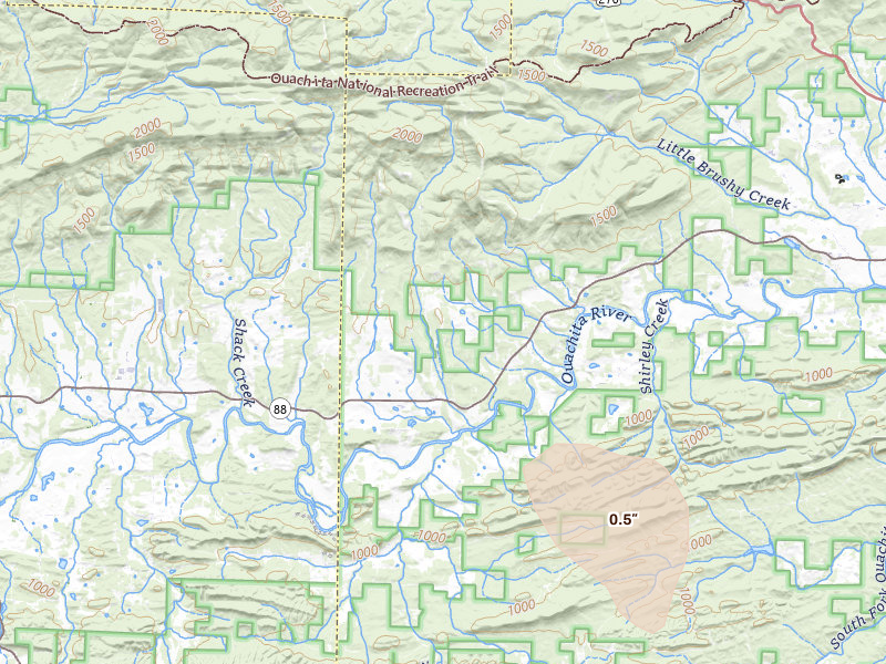 Radar-estimated hail-size map of the storm over Oden, AR on Jul 8, 2026